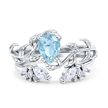 Art Deco Teardrop Pear Leaf Design Wedding Two Piece Ring Simulated Aquamarine CZ Stones 925 Sterling Silver